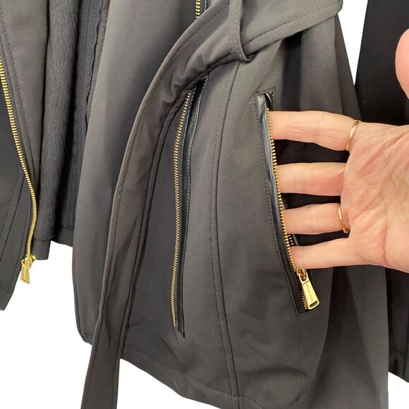 MICHAEL KORS Jacket Womens Extra Large Asymmetrical Black Trench Coat Lined Hood - Picture 8 of 16